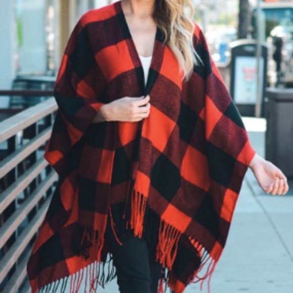 Red Buffalo Check Tassel Poncho - Picture 2 of 4